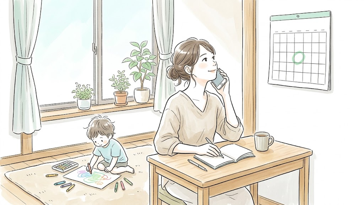 日程表のカレンダーに印をつけながら、電話で子ども総合センターの相談予約をするイラスト