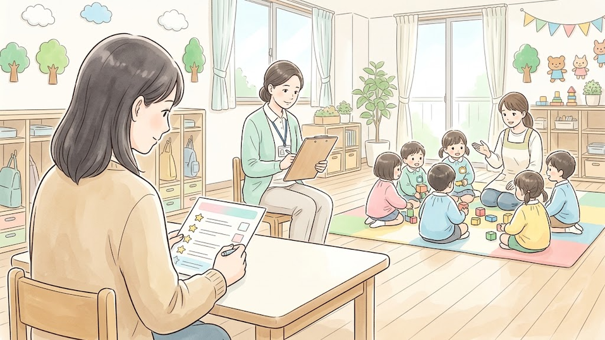 園の教室を訪問支援員が見守る様子と、アンケート結果から質問を整理する保護者のイラスト
