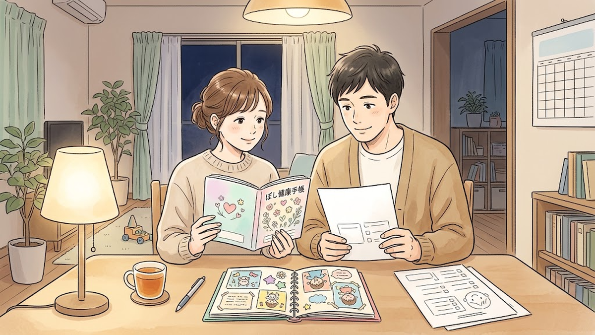 母子手帳や園の記録を広げ、就学相談票に書く子どもの様子を夫婦で整理するイラスト