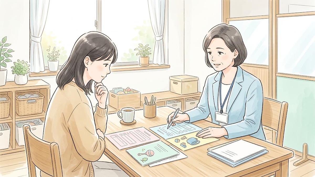 生育歴と現在の様子を表す2種類の面談票を並べ、教育相談員と確認する母親のイラスト