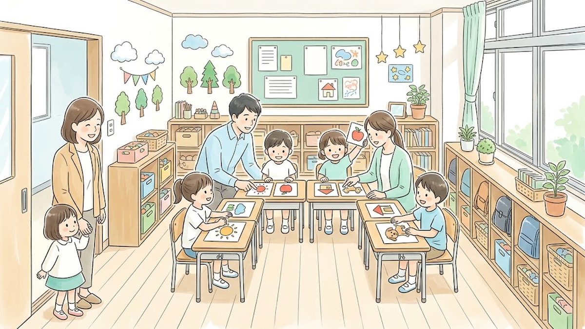 少人数の特別支援学級で先生が一人ひとりに寄り添う授業を、親子で見学するイラスト