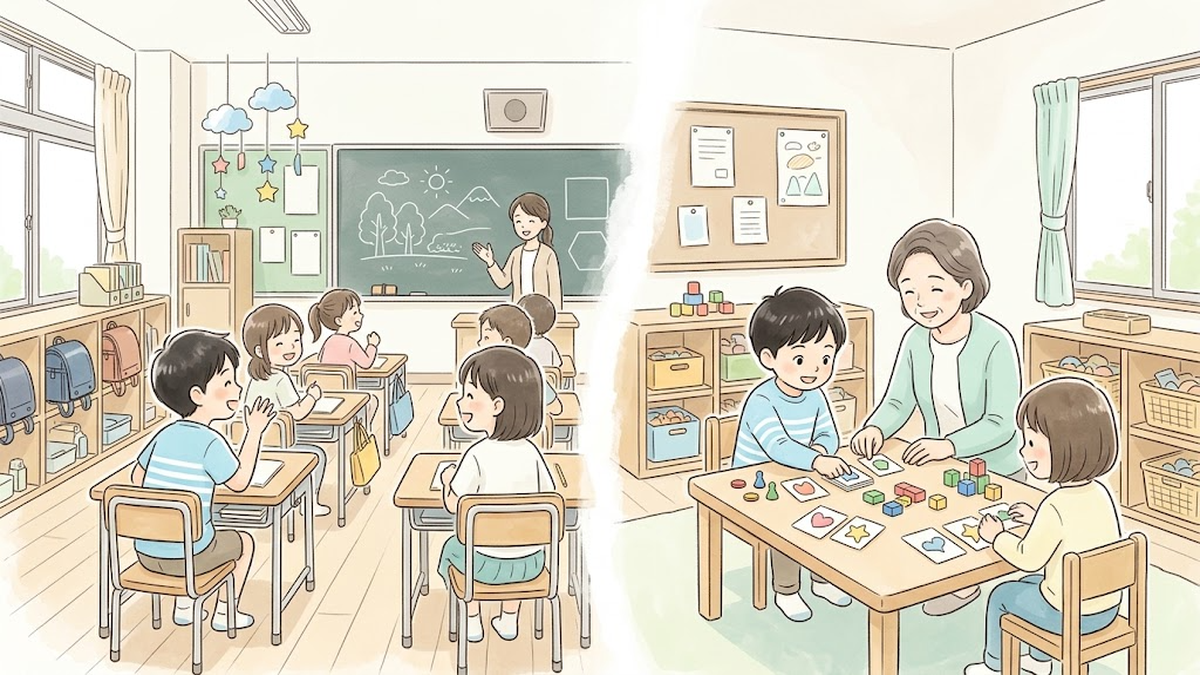 通常の学級での授業と、まなびの教室での小集団指導の両方で学ぶ小学生のイラスト