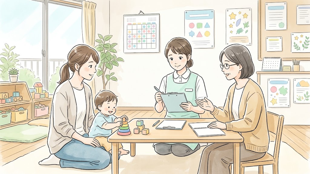保健センターの発達相談室で、積み木で遊ぶ幼児と母親の話を保健師が聞くイラスト