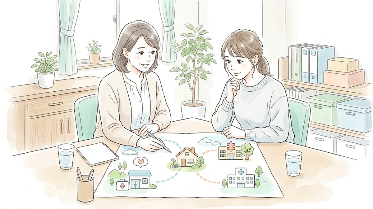 訪問看護や通所支援などの機関アイコンが並ぶ一覧を見ながら、受入条件を相談するイラスト
