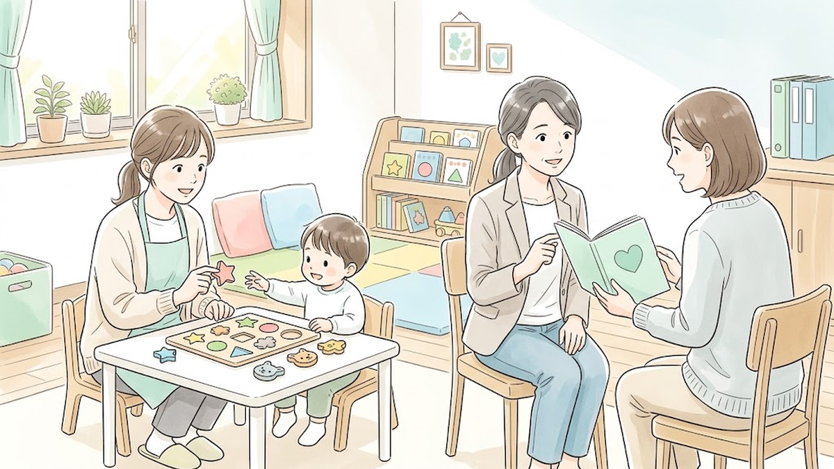 児童相談センターの判定室で子どもが課題に取り組み、保護者が愛の手帳の説明を聞くイラスト
