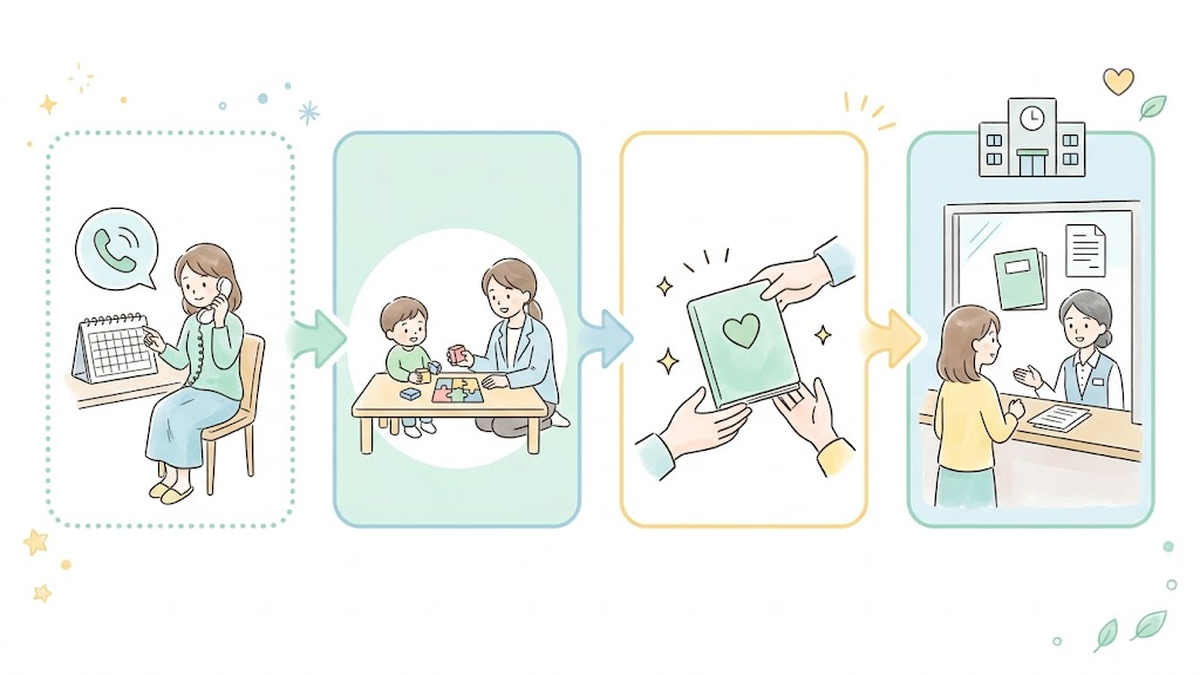 予約から判定、愛の手帳の交付、区の窓口での手続きまでの流れを示す文字なし図解イラスト