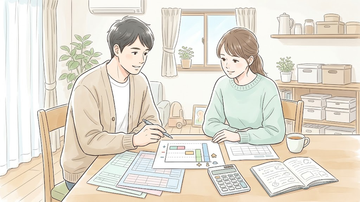 電卓と控除の図解シートを手元に置き、手当の所得制限の仕組みを確認する夫婦のイラスト