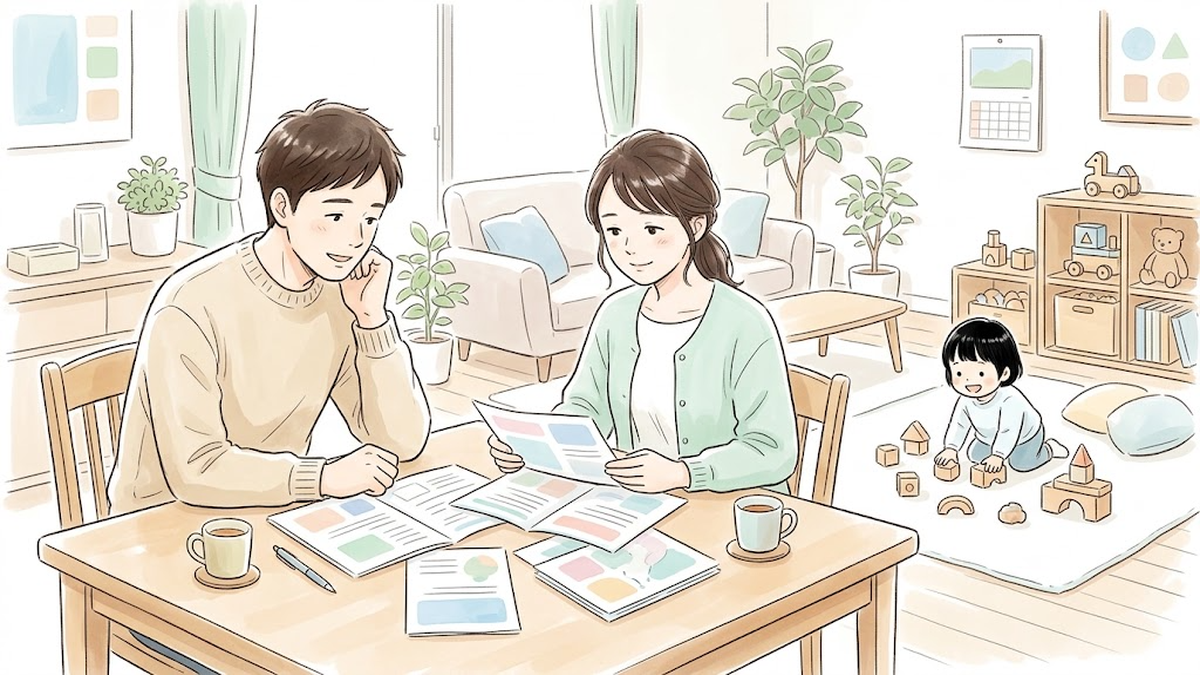 新宿区の福祉の手引「手当・年金」の資料をリビングの机で安心した表情で確認する家族のイラスト