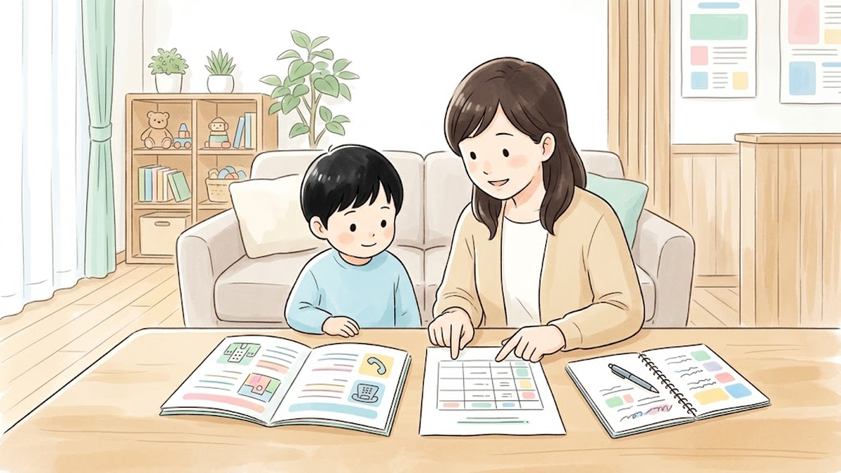 新宿区の福祉の手引「施設等」について穏やかな表情で確認し合う親子のイラスト
