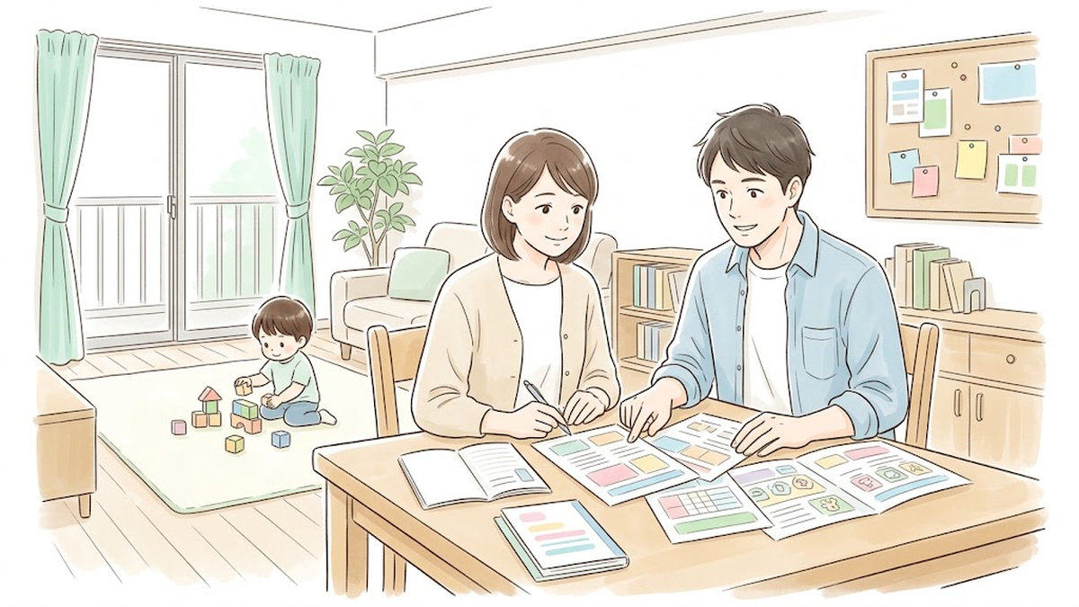 新宿区の読む国の障害児支援の負担上限表の資料をリビングの机で安心した表情で確認する家族のイラスト