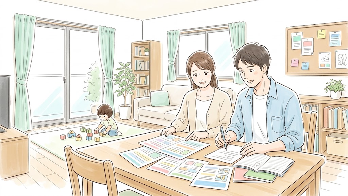 新宿区の読む国の発達支援無償化リーフレットの資料をリビングの机で安心した表情で確認する家族のイラスト