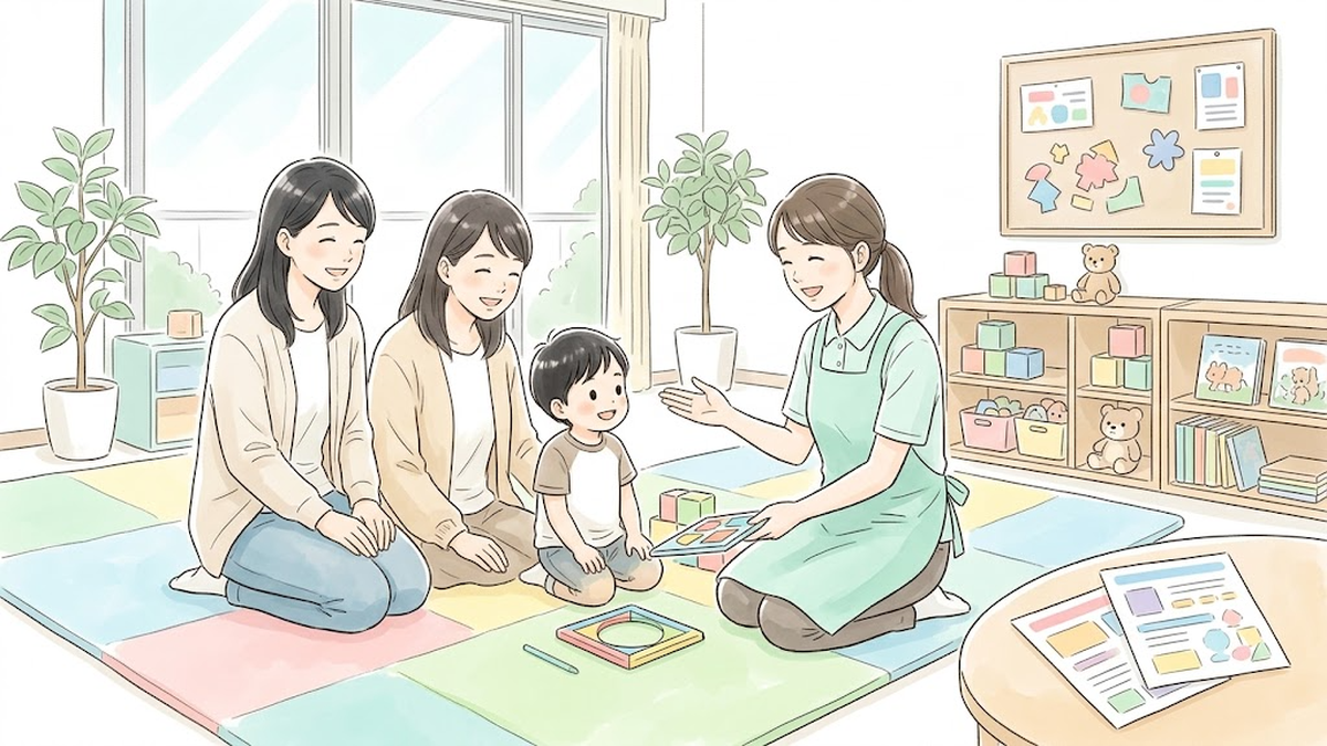 新宿区の発達支援イベント案内を参考に明るい療育室でスタッフと笑顔で過ごす親子のイラスト