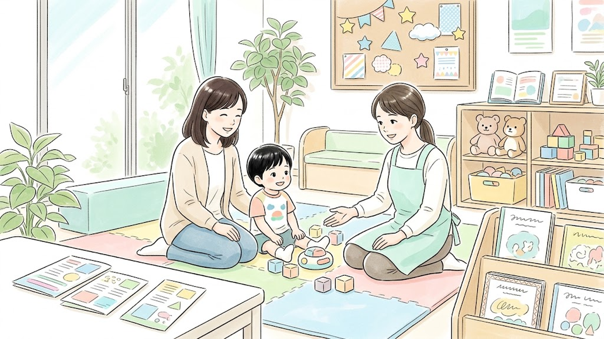 新宿区のあいあいの児童発達支援プログラムを参考に明るい療育室でスタッフと笑顔で過ごす親子のイラスト