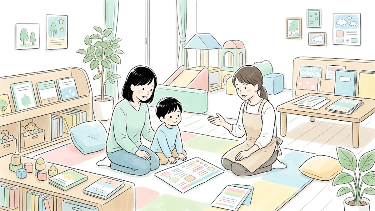 新宿区のあいあいの利用者アンケート等の結果を参考に明るい療育室でスタッフと笑顔で過ごす親子のイラスト