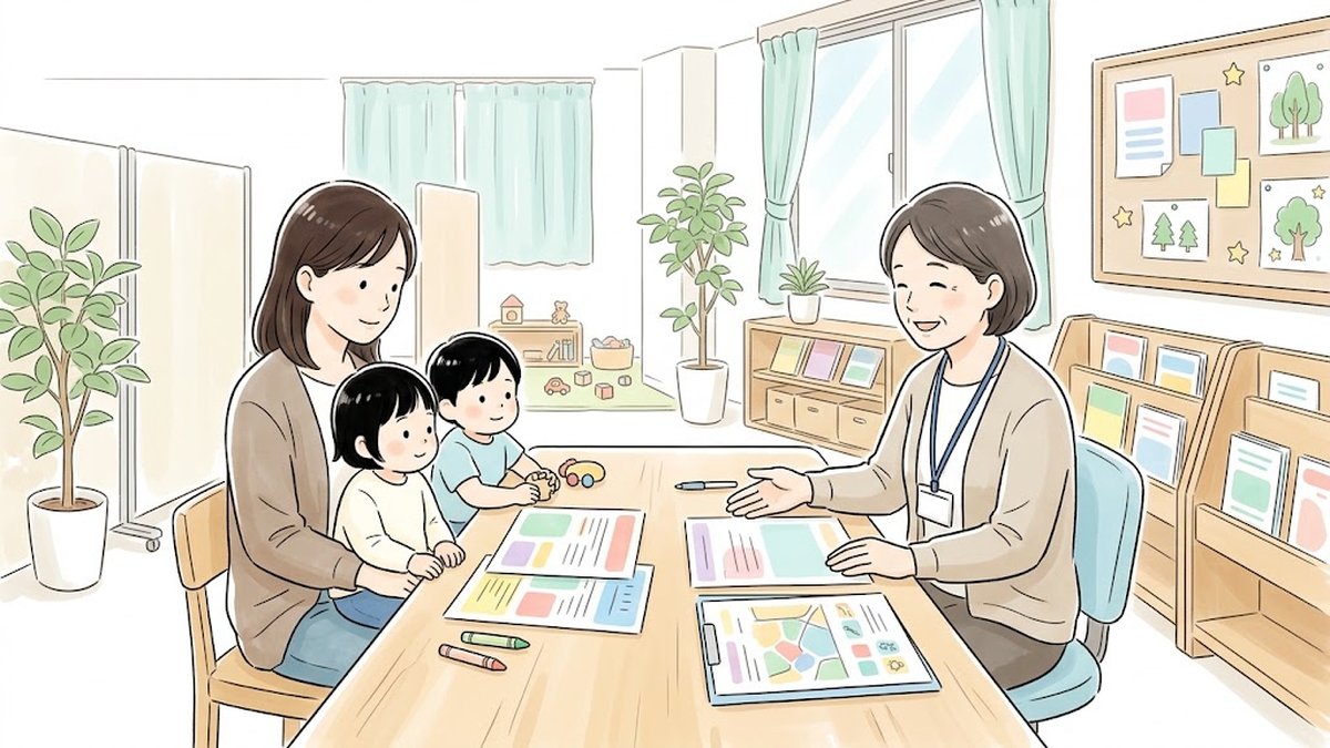 新宿区の保健センター案内について相談窓口で案内資料を見ながら話す親子のイラスト