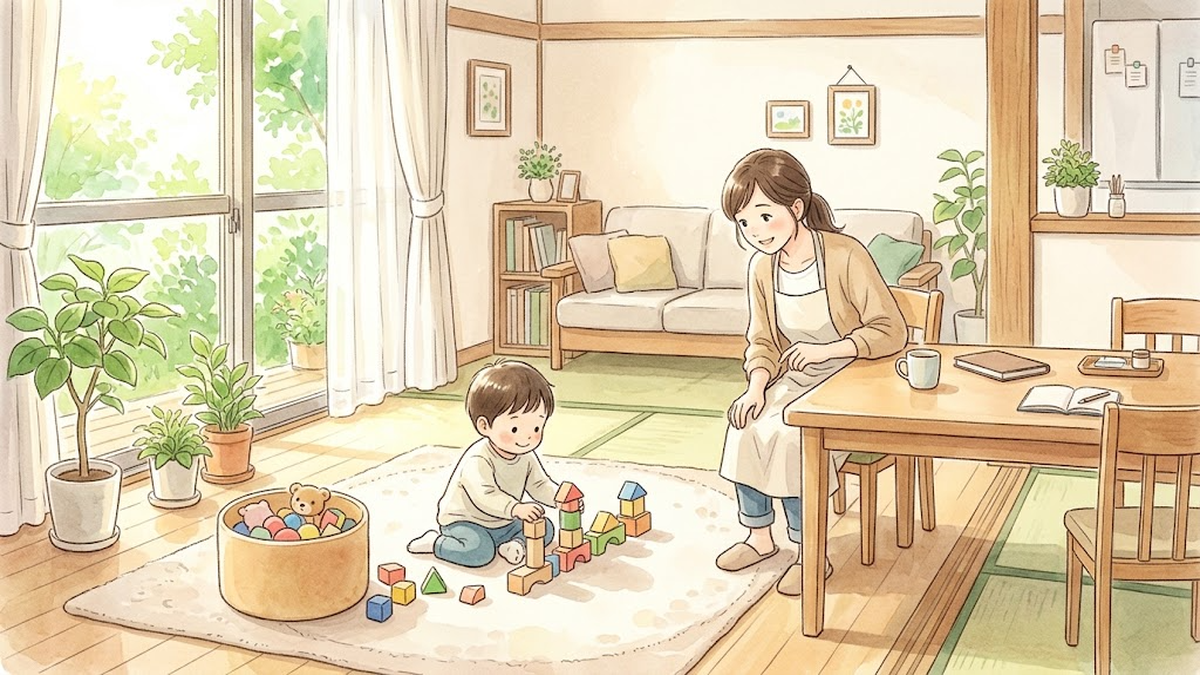 自宅のリビングで積み木遊びをする子どもを見守る保護者のイラスト