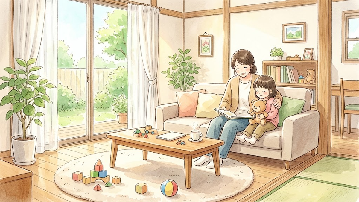 ソファで子どもを抱き寄せながら本を読む保護者のイラスト