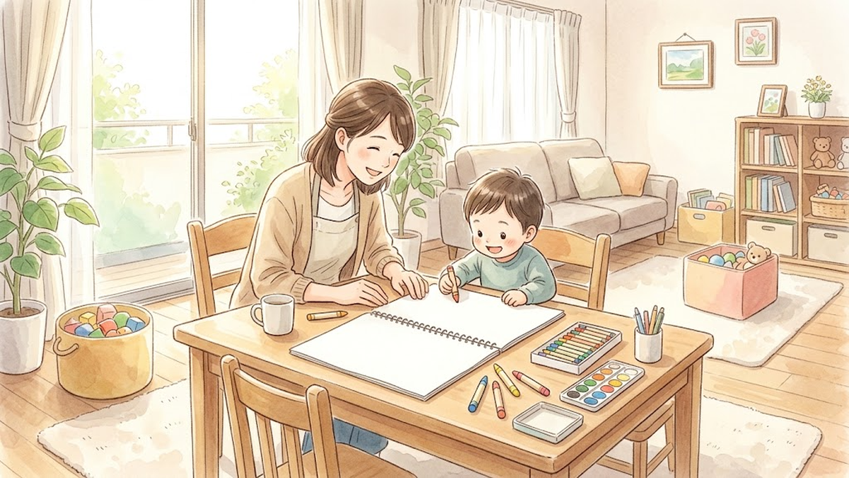 机でお絵かきをする子どもと笑顔で寄り添う保護者のイラスト