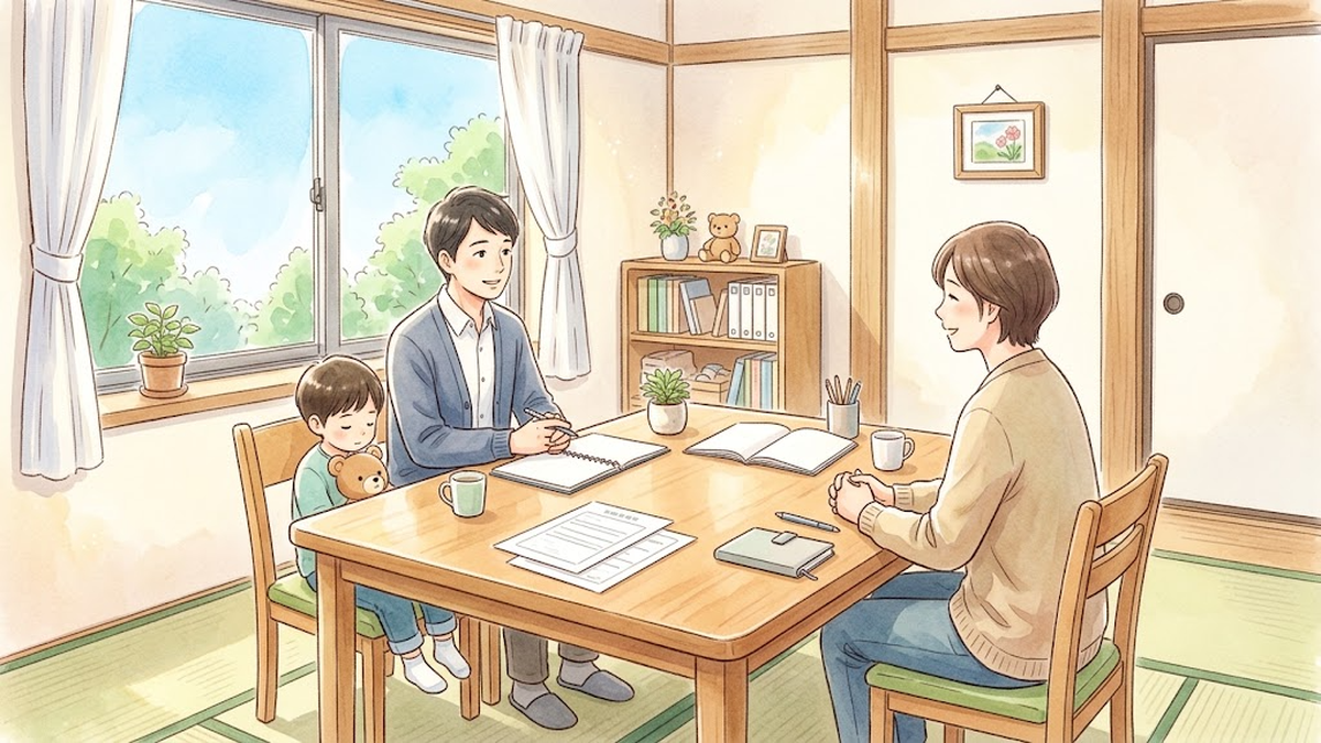 机を囲んで書類を前に相談する親子と相談員のイラスト