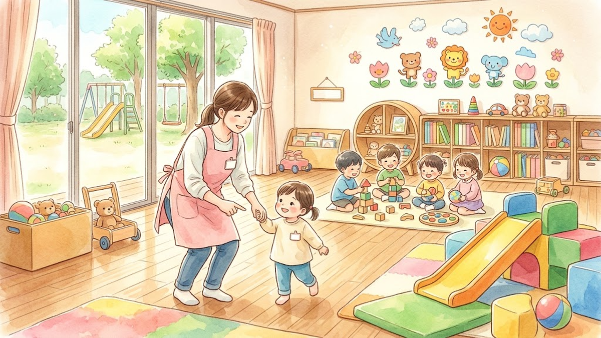 幼稚園の保育室で先生と手をつないで歩く子どもと遊ぶ子どもたちのイラスト