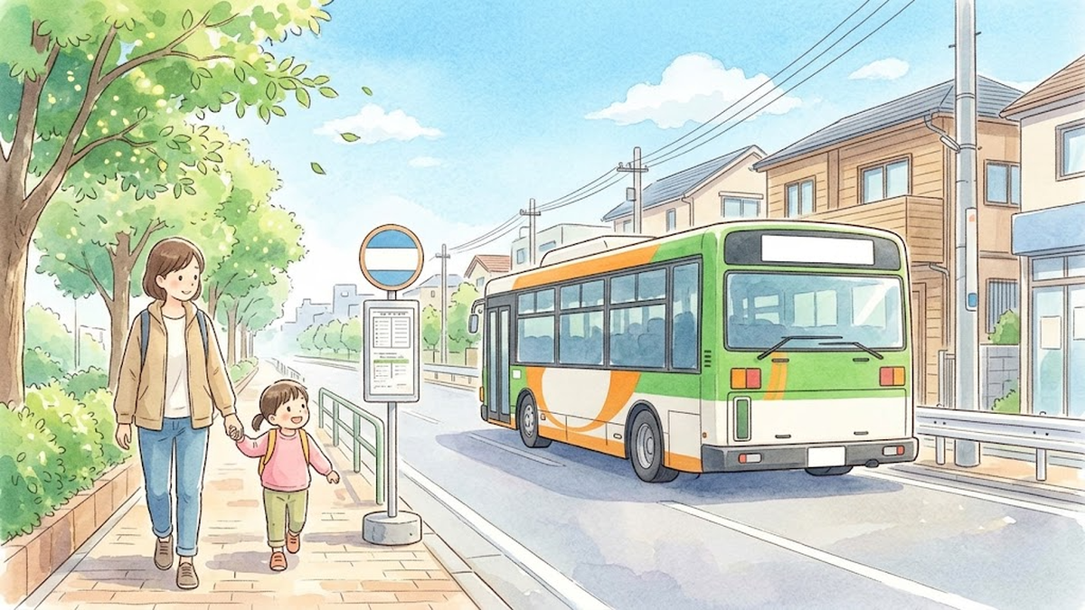 バス停の近くを保護者と手をつないで歩く子どもと路線バスのイラスト