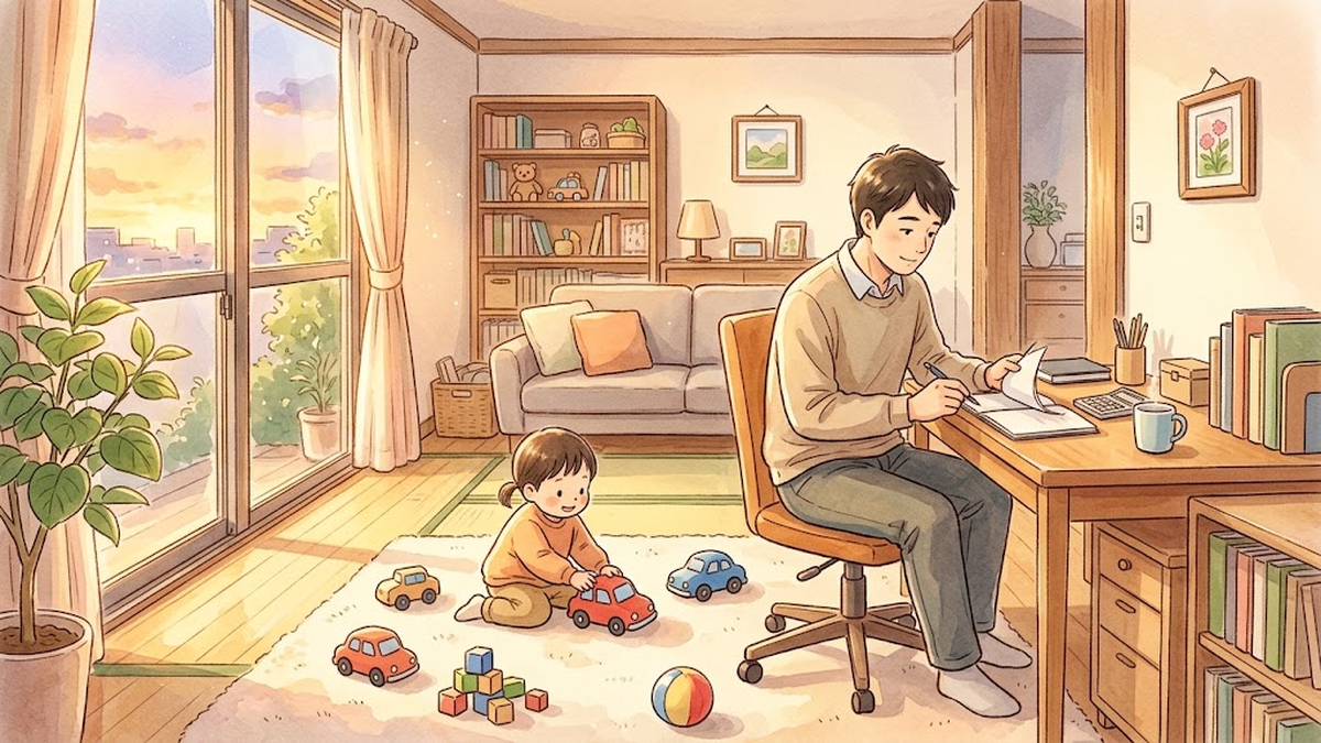 机で書類を書く保護者と、そばでおもちゃの車で遊ぶ子どものイラスト