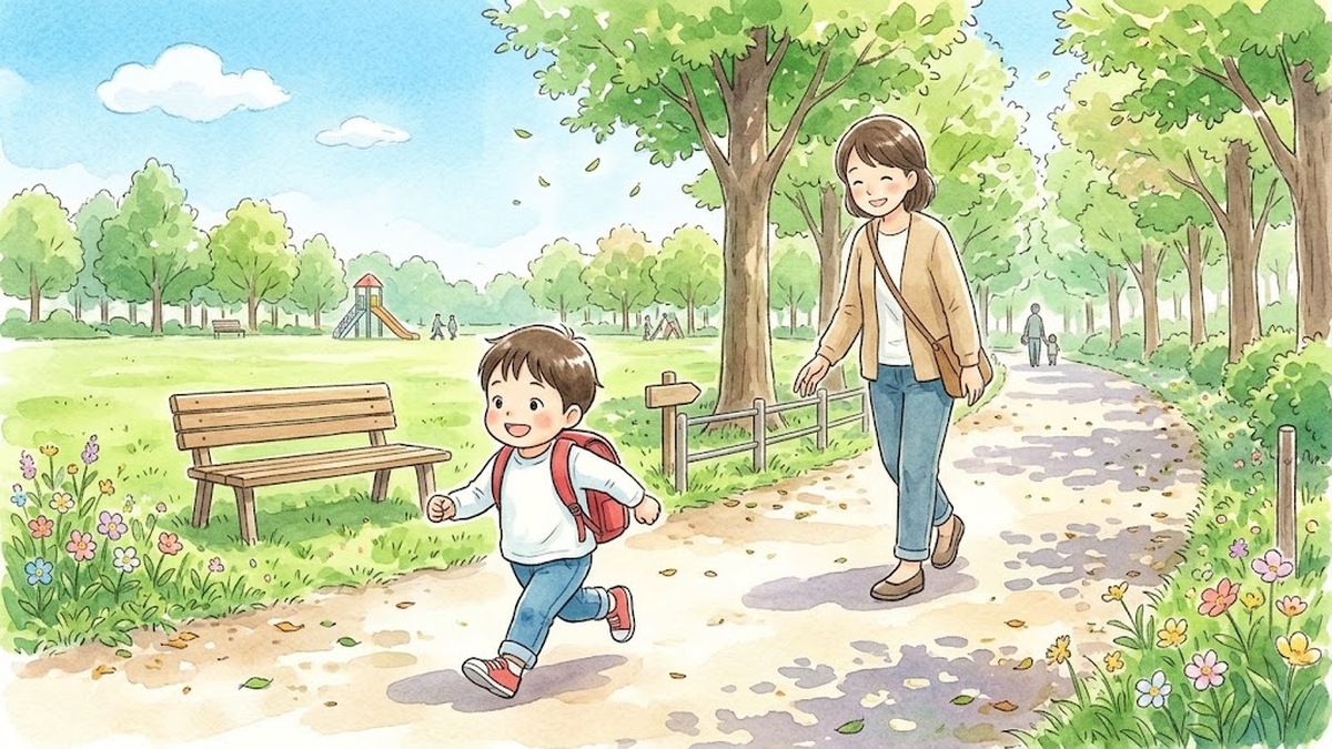 公園の小道を走る子どもと、後ろから見守る保護者のイラスト