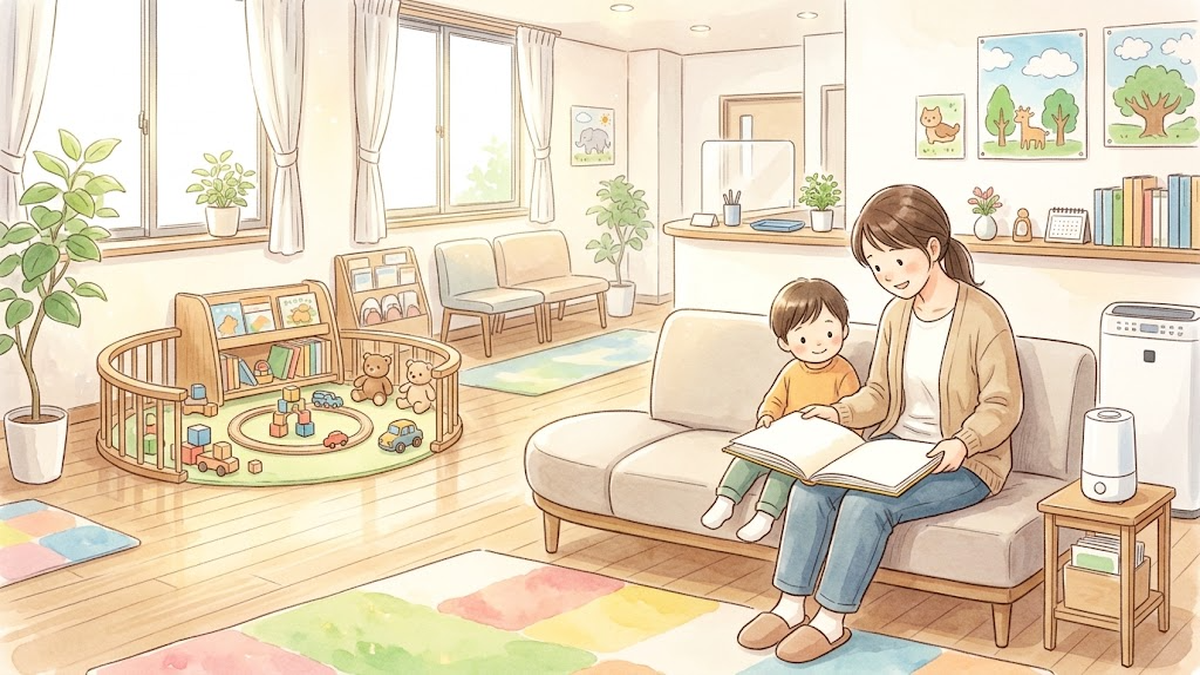明るい部屋のソファで子どもと絵本を読む保護者のイラスト