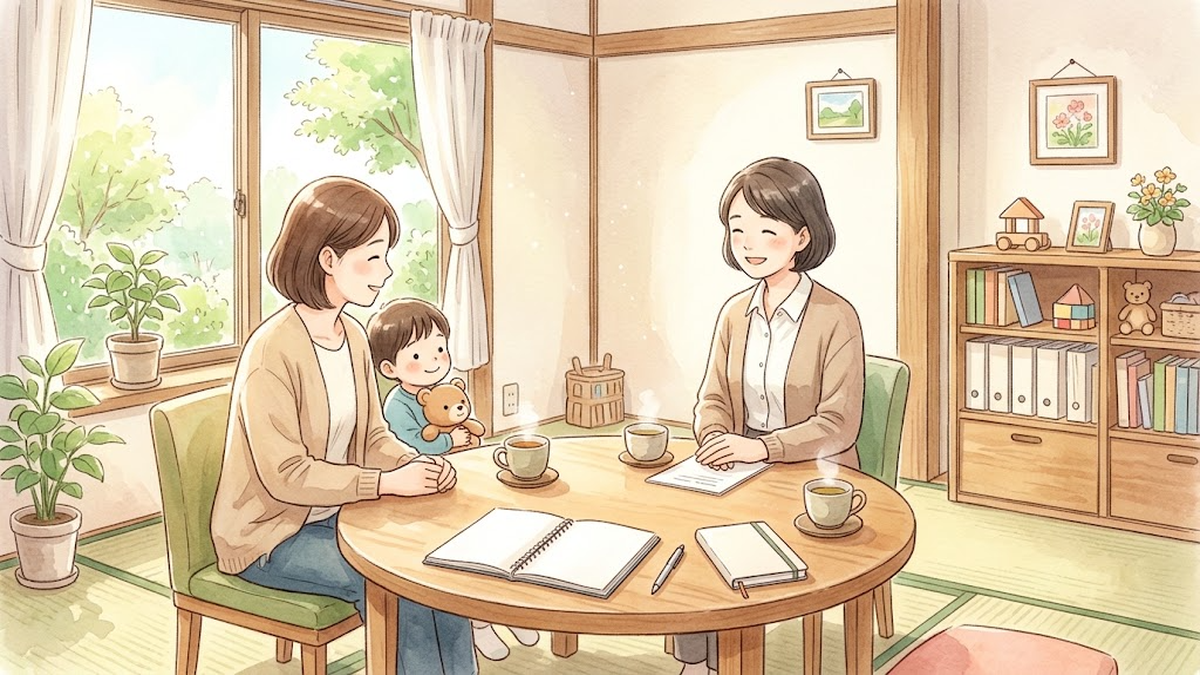 丸いテーブルで書類を前に相談員と話す保護者と子どものイラスト