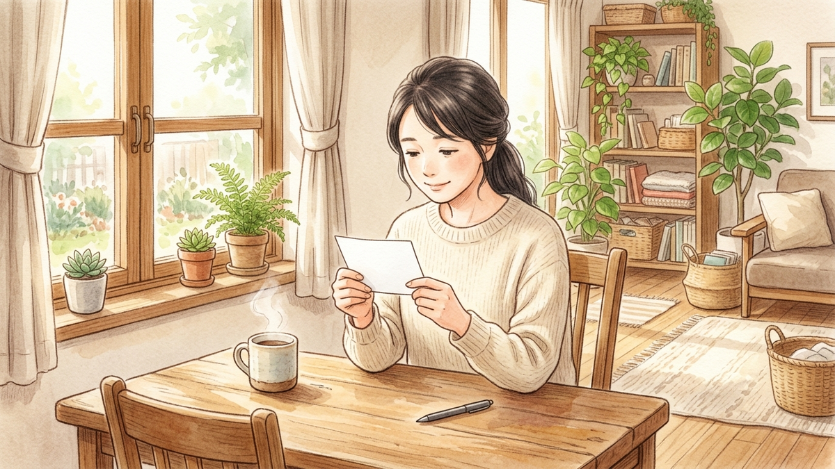 自宅の机で届いた知らせを読む保護者のイラスト