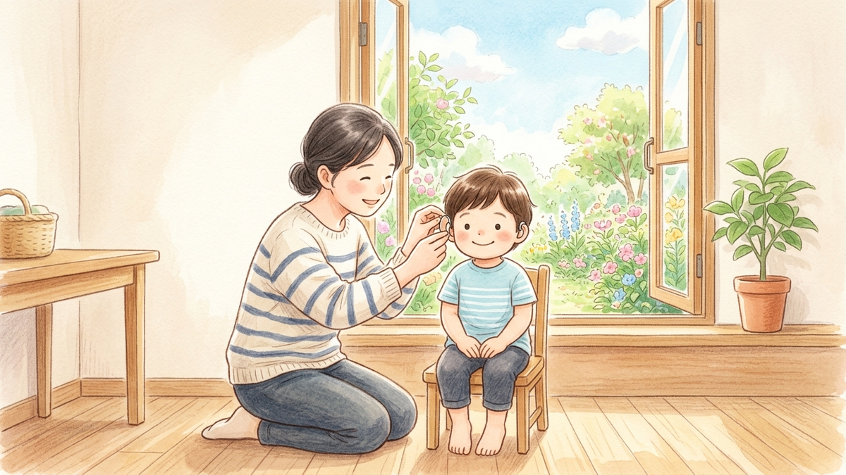 椅子に座る子どもの耳に補聴器を合わせる保護者のイラスト