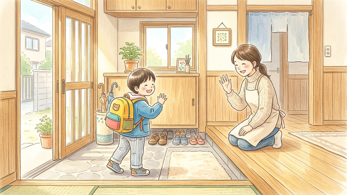 リュックを背負って玄関から出かける子どもと見送る保護者のイラスト