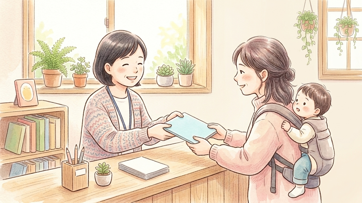 窓口で子どもを抱いた保護者が職員から資料を受け取るイラスト