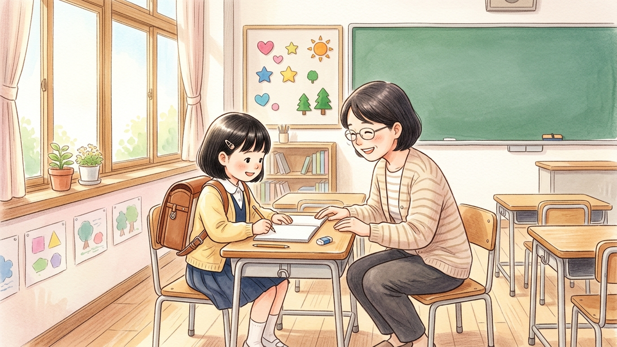 教室で先生の支援を受けながら学ぶ子どものイラスト