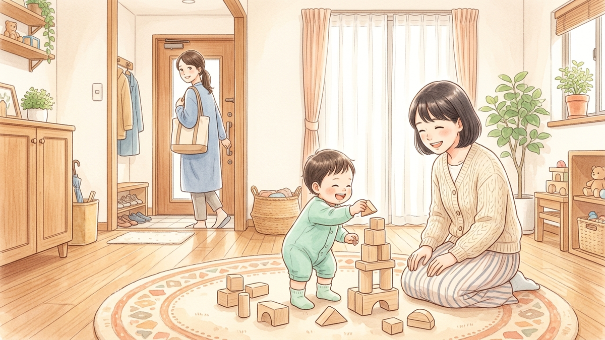 自宅で積み木遊びをする子どもとベビーシッター、出かける保護者のイラスト