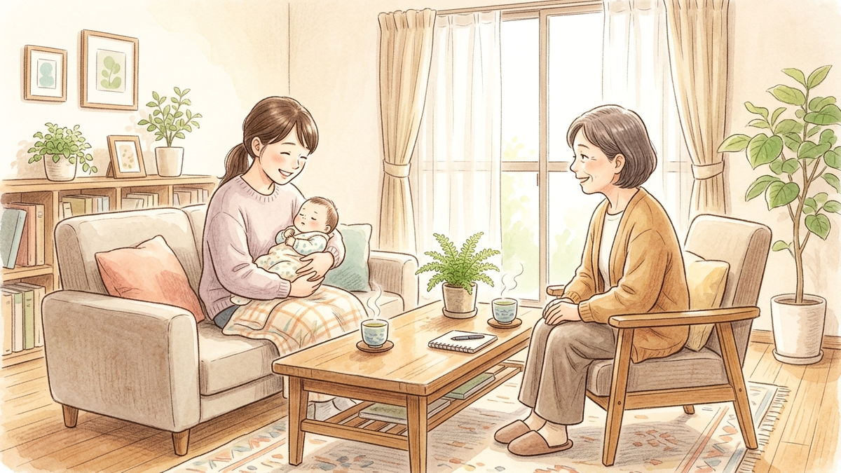 自宅で赤ちゃんを抱く保護者と訪問した相談員が話すイラスト
