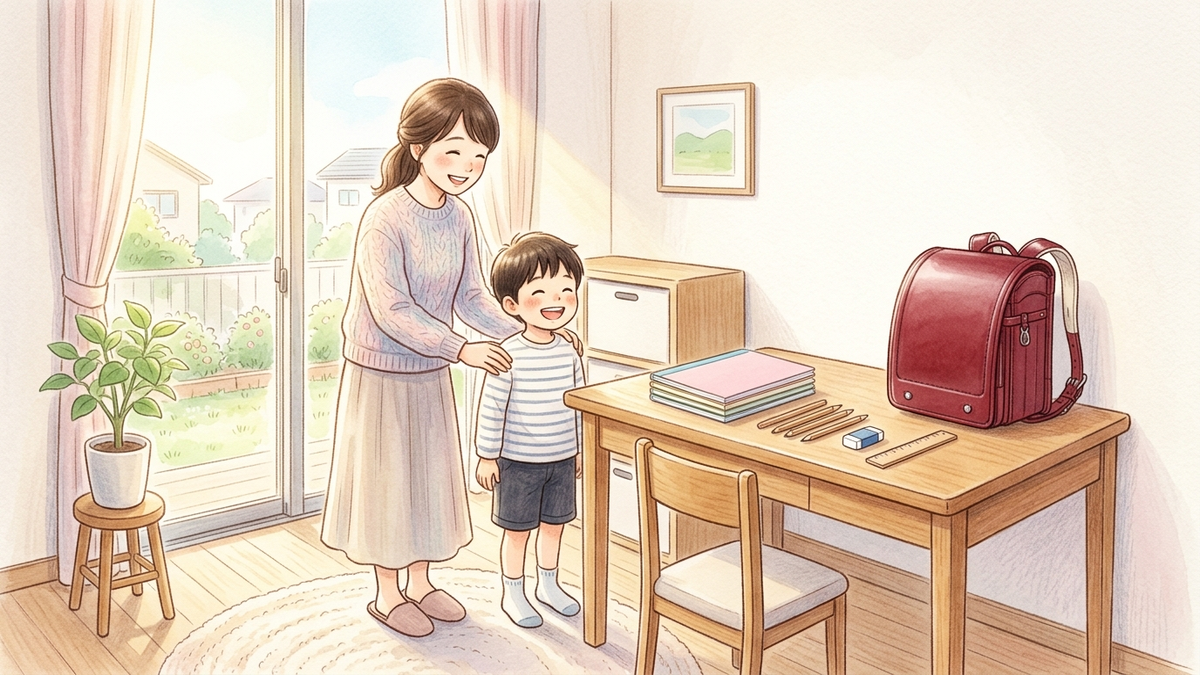 ランドセルと学用品をそろえた机のそばに立つ親子のイラスト