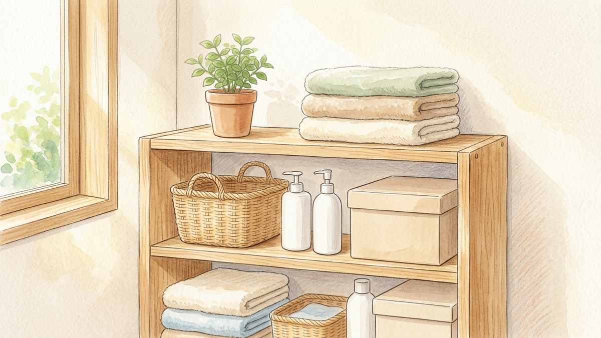 日用品が並ぶ自宅の棚のイラスト