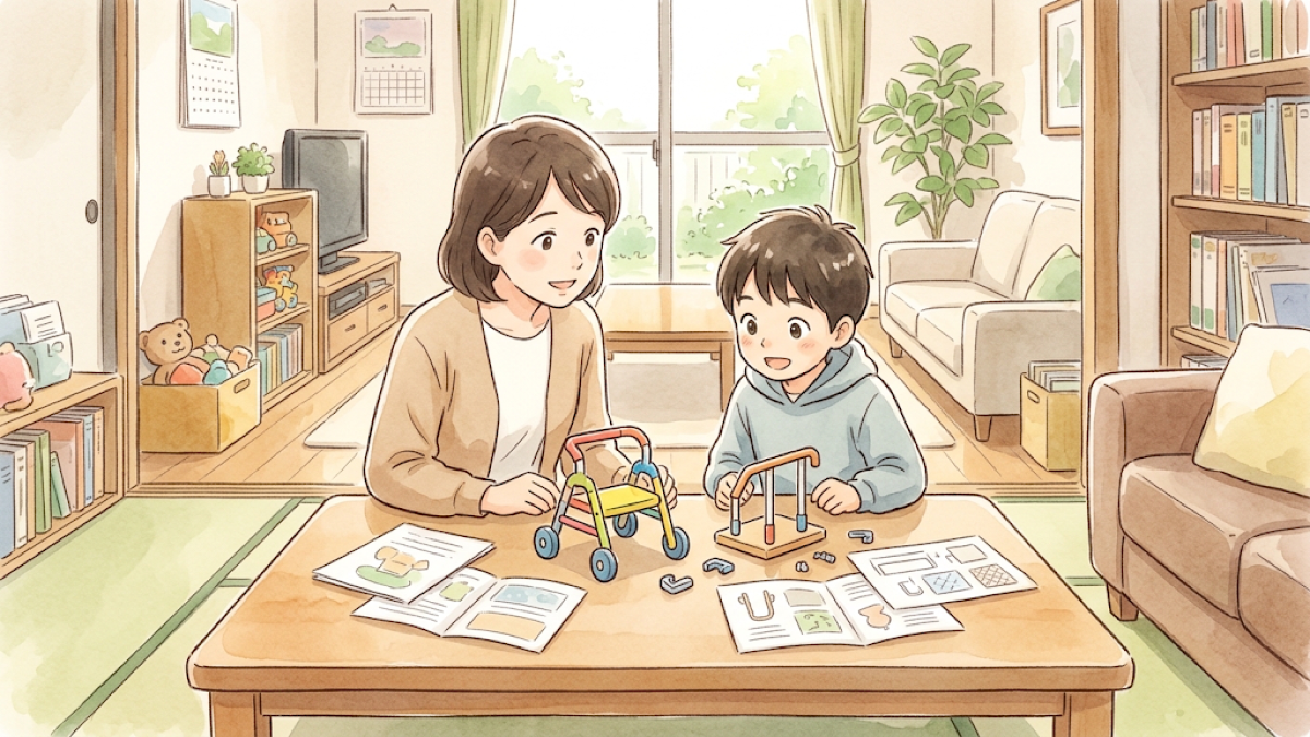 居間の机で日常生活用具を手に取って確かめる親子のイラスト