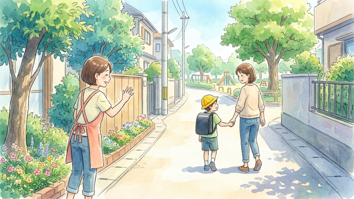 付き添いの人と手をつないで歩道を歩く子どものイラスト