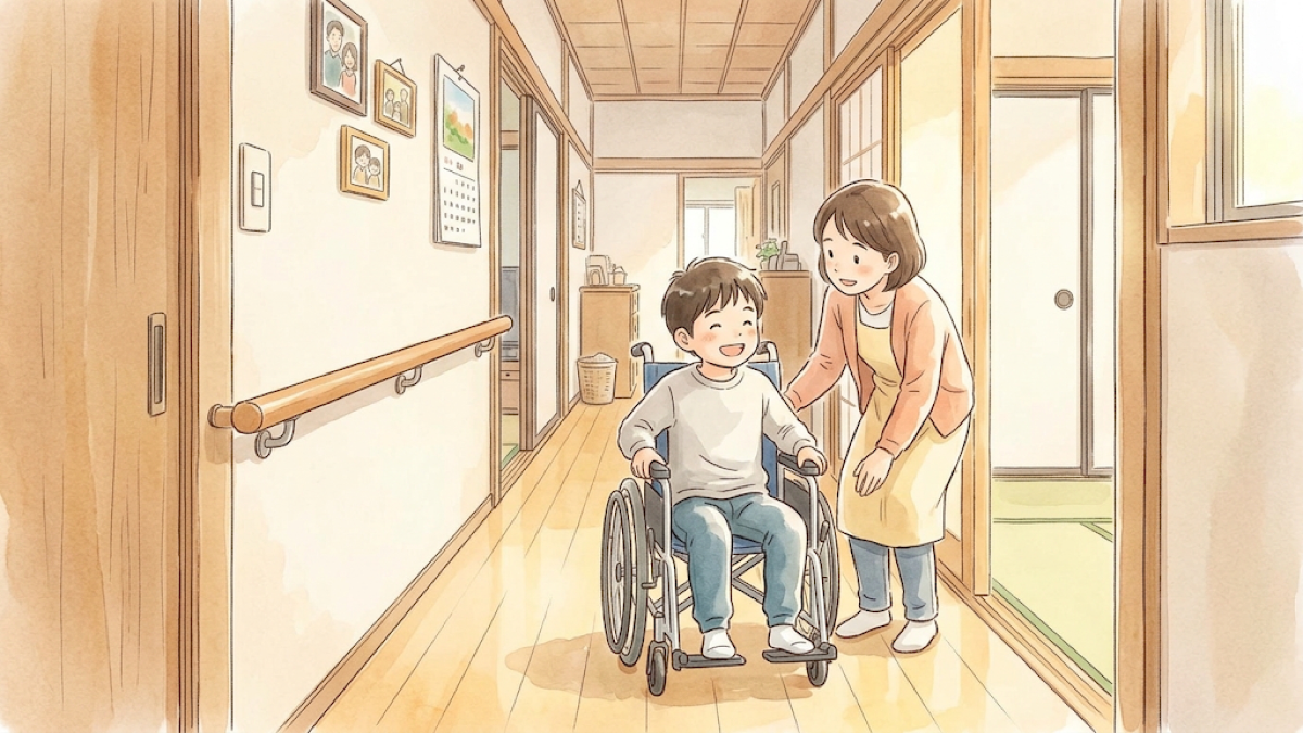 手すりのある廊下を車いすで進む子どもと付き添う保護者のイラスト