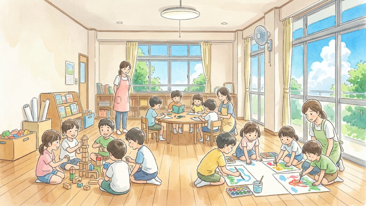 明るい部屋で遊びや工作をして過ごす子どもたちと職員のイラスト