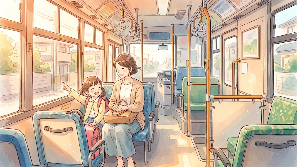 路線バスの座席に並んで座る親子のイラスト