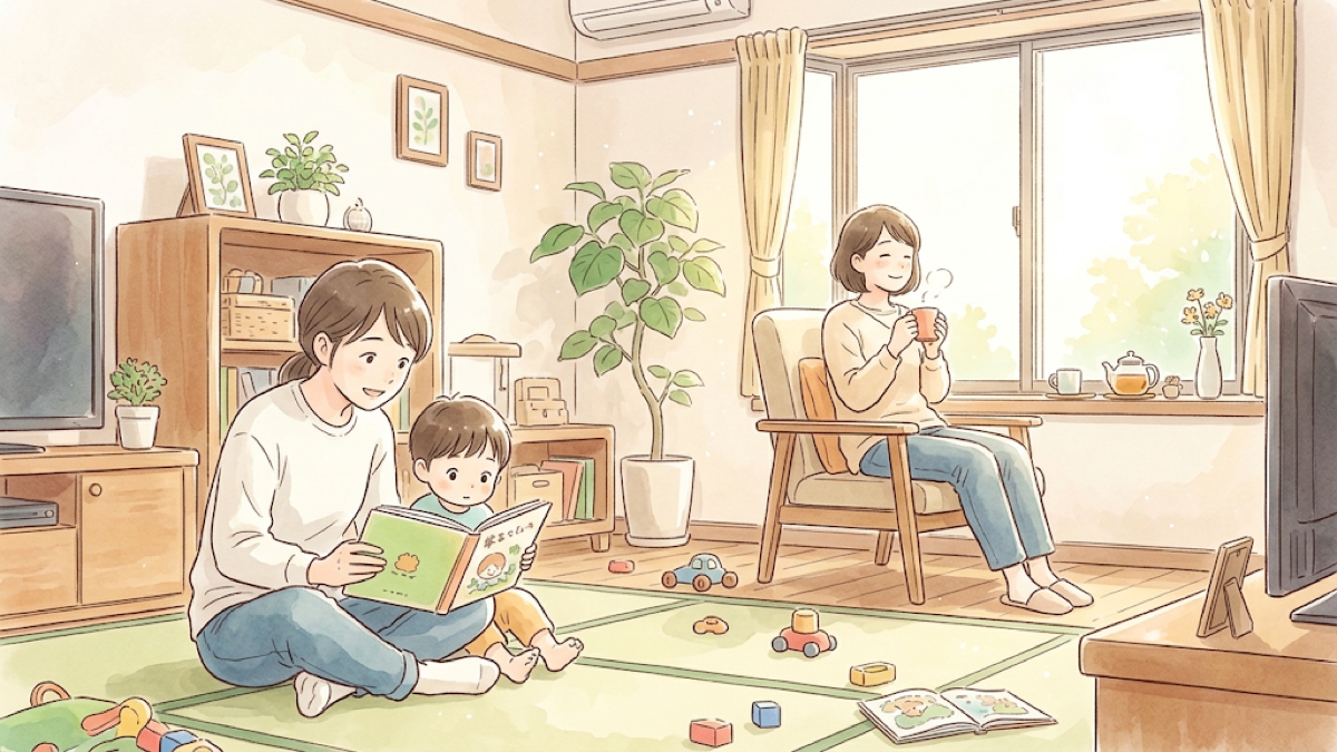 子どもと過ごす介護人のそばで、窓辺で休む保護者のイラスト