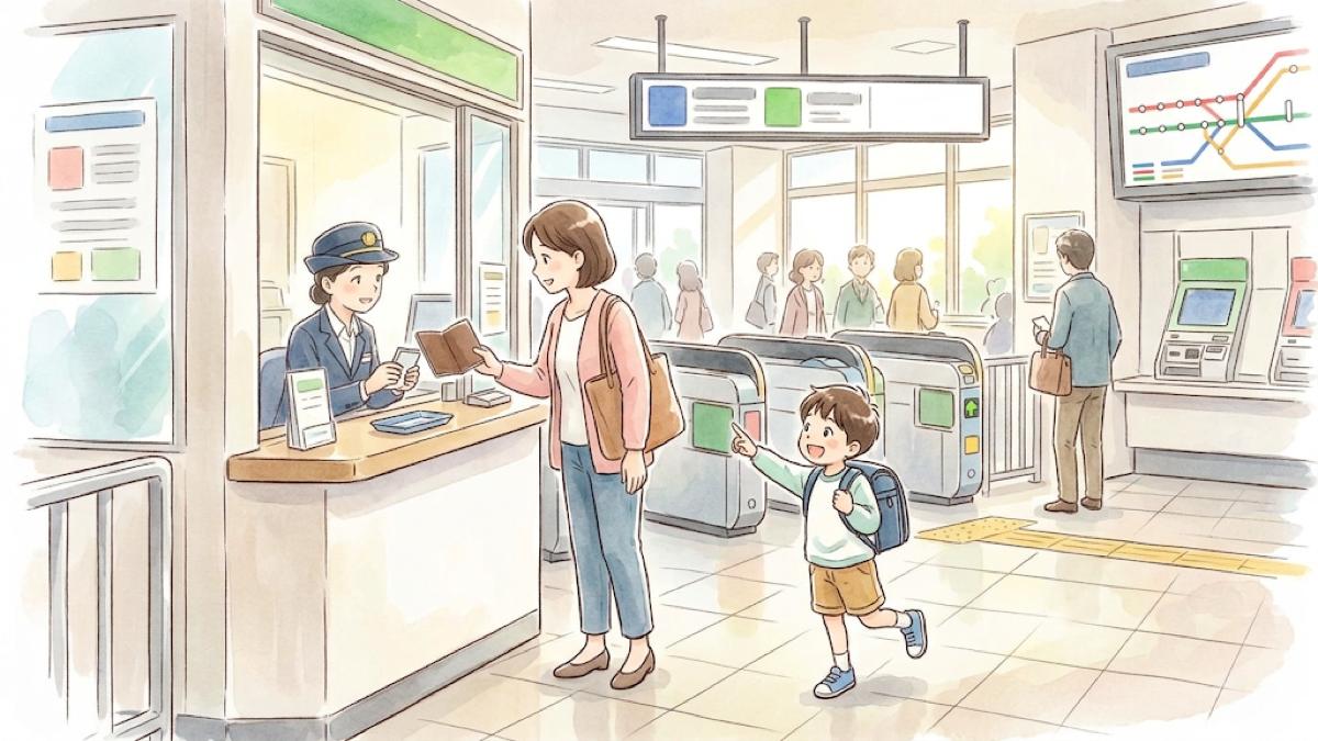 駅の窓口で手帳を見せる保護者と改札へ向かう子どものイラスト