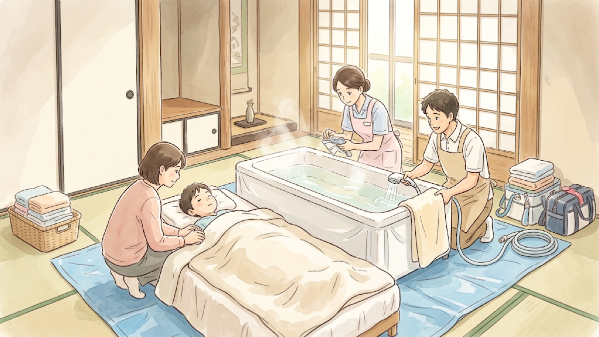 自宅に持ち込んだ浴槽のそばで、横になる子どもに付き添う家族と看護師たちのイラスト