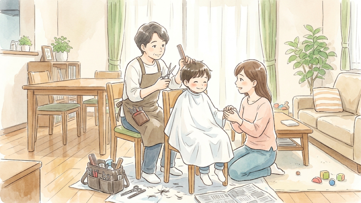 自宅で訪問した理容師に髪を切ってもらう子どもと保護者のイラスト