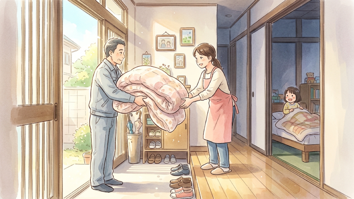 玄関で寝具を受け渡す保護者と業者のイラスト