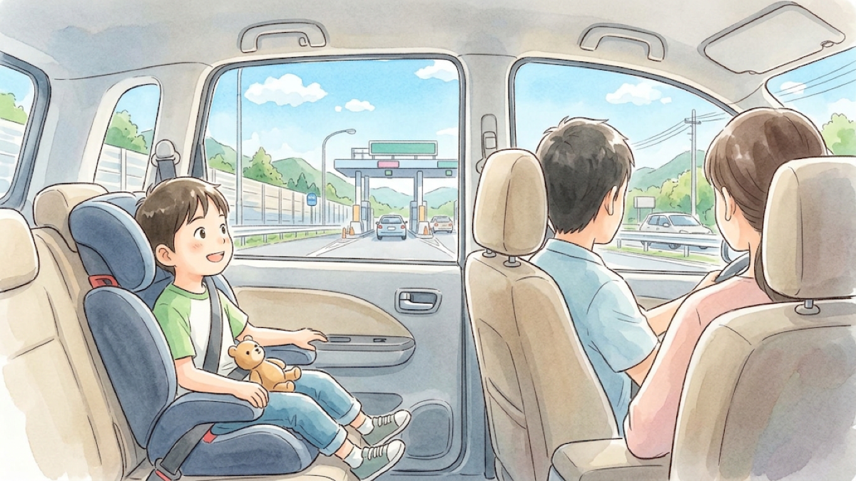 家族の運転する車の後ろの席に座る子どもと、遠くに見える料金所のイラスト