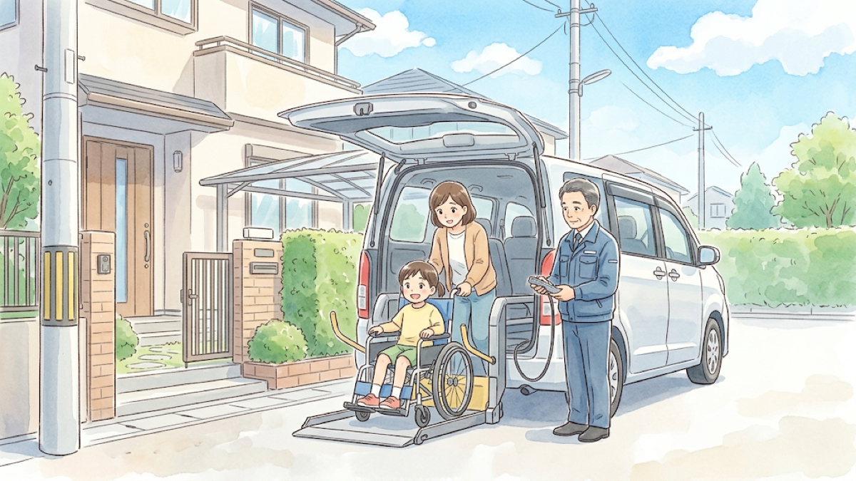 車いすの子どもがリフト付きの車に乗り込み、保護者が付き添うイラスト